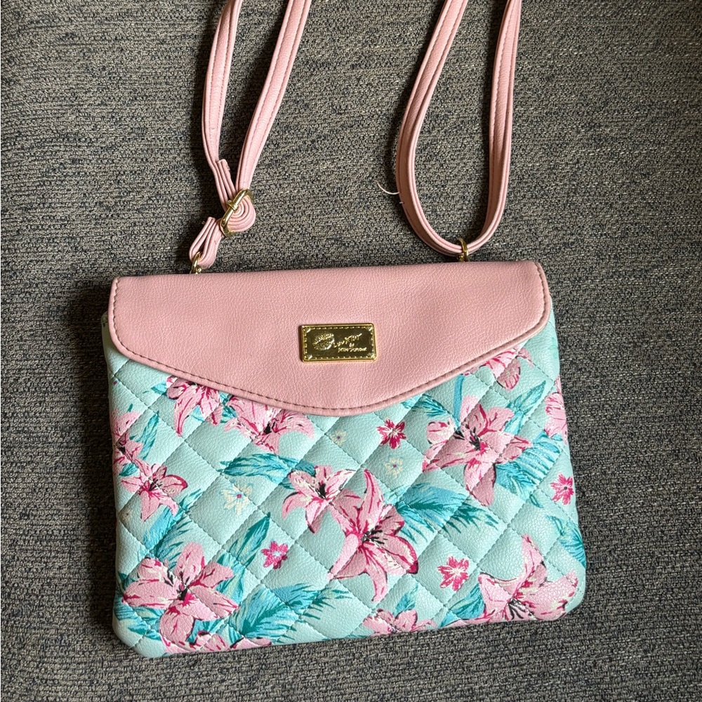 Betsey Johnson Pink Blue Tropical Floral Purse Handbag Luv Betsey Flower Spring